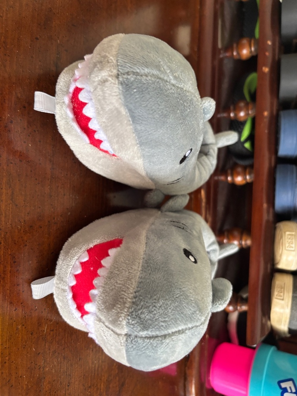 Plush Gray Shark Kids Slippers with Red Details